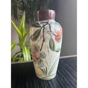 Vintage 10” Tall Bristol Hand Painted Floral Glass Vase